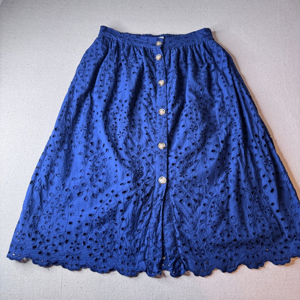 Loft Womens Blue Cotton Eyelet Lace Button Front Midi Skirt Size 8 Scalloped Hem - Picture 2 of 10